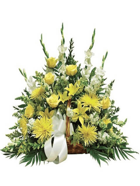 cesto funebre di rose e fiori gialli